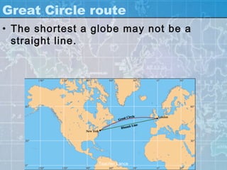 Great Circle route
• The shortest a globe may not be a
  straight line.




                 Teacher Lance
 