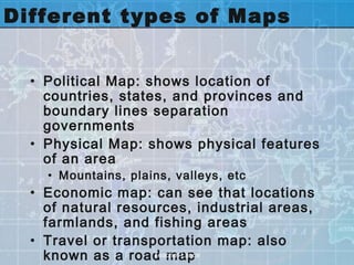 Different types of Maps


  • Political Map: shows location of
    countries, states, and provinces and
    boundary lines separation
    governments
  • Physical Map: shows physical features
    of an area
    • Mountains, plains, valleys, etc
  • Economic map: can see that locations
    of natural resources, industrial areas,
    farmlands, and fishing areas
  • Travel or transportation map: also
    known as a road map
                    Teacher Lance
 