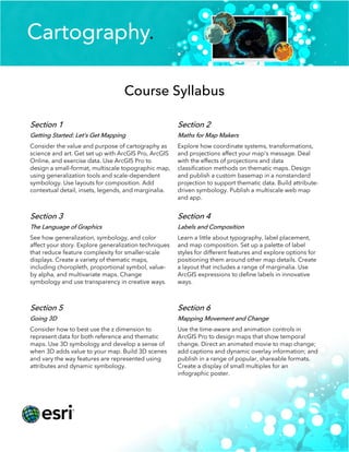 Course Syllabus
Section 1
Getting Started: Let’s Get Mapping
Consider the value and purpose of cartography as
science and art. Get set up with ArcGIS Pro, ArcGIS
Online, and exercise data. Use ArcGIS Pro to
design a small-format, multiscale topographic map,
using generalization tools and scale-dependent
symbology. Use layouts for composition. Add
contextual detail, insets, legends, and marginalia.
Section 2
Maths for Map Makers
Explore how coordinate systems, transformations,
and projections affect your map's message. Deal
with the effects of projections and data
classification methods on thematic maps. Design
and publish a custom basemap in a nonstandard
projection to support thematic data. Build attribute-
driven symbology. Publish a multiscale web map
and app.
Section 3
The Language of Graphics
See how generalization, symbology, and color
affect your story. Explore generalization techniques
that reduce feature complexity for smaller-scale
displays. Create a variety of thematic maps,
including choropleth, proportional symbol, value-
by alpha, and multivariate maps. Change
symbology and use transparency in creative ways.
Section 4
Labels and Composition
Learn a little about typography, label placement,
and map composition. Set up a palette of label
styles for different features and explore options for
positioning them around other map details. Create
a layout that includes a range of marginalia. Use
ArcGIS expressions to define labels in innovative
ways.
Section 5
Going 3D
Consider how to best use the z dimension to
represent data for both reference and thematic
maps. Use 3D symbology and develop a sense of
when 3D adds value to your map. Build 3D scenes
and vary the way features are represented using
attributes and dynamic symbology.
Section 6
Mapping Movement and Change
Use the time-aware and animation controls in
ArcGIS Pro to design maps that show temporal
change. Direct an animated movie to map change;
add captions and dynamic overlay information; and
publish in a range of popular, shareable formats.
Create a display of small multiples for an
infographic poster.
 