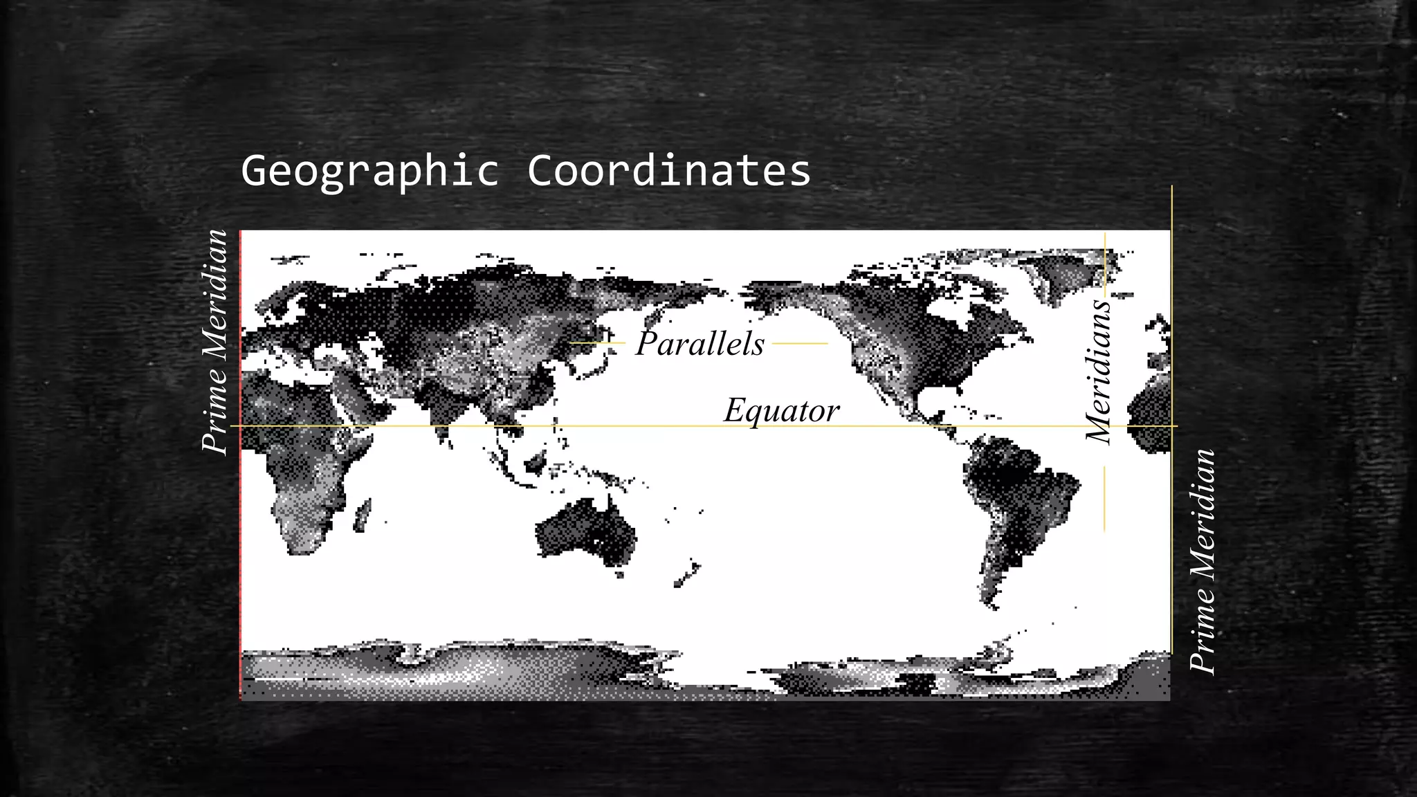 Geographic Coordinates
Parallels
Equator
PrimeMeridian
PrimeMeridian
Meridians
 