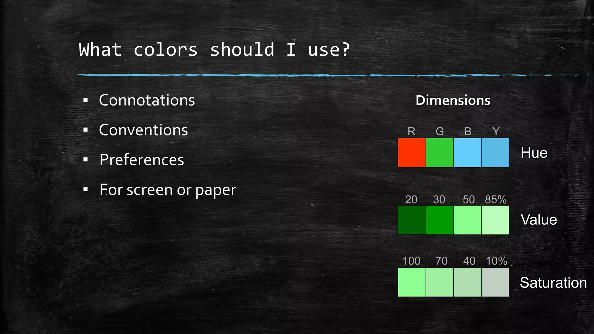 What colors should I use?
▪ Connotations
▪ Conventions
▪ Preferences
▪ For screen or paper
R G B Y
100 70 40 10%
20 30 50 85%
Hue
Value
Saturation
Dimensions
 