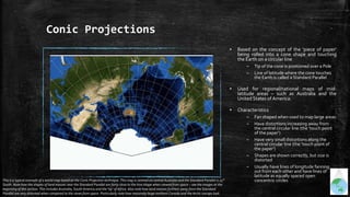 Conic Projections
▪ Based on the concept of the ‘piece of paper’
being rolled into a cone shape and touching
the Earth on a circular line
– Tip of the cone is positioned over a Pole
– Line of latitude where the cone touches
the Earth is called a Standard Parallel
▪ Used for regional/national maps of mid-
latitude areas – such as Australia and the
UnitedStates of America.
▪ Characteristics
– Fan shaped when used to map large areas
– Have distortions increasing away from
the central circular line (the ’touch point
of the paper‘)
– Have very small distortions along the
central circular line (the ’touch point of
the paper‘)
– Shapes are shown correctly, but size is
distorted
– Usually have lines of longitude fanning
out from each other and have lines of
latitude as equally spaced open
concentric circlesThis is a typical example of a world map based on the Conic Projection technique. This map is centred on central Australia and the Standard Parallel is 25°
South. Note how the shapes of land masses near the Standard Parallel are fairly close to the true shape when viewed from space – see the images at the
beginning of this section. This includes Australia, South America and the ’tip‘ of Africa. Also note how land masses furthest away from the Standard
Parallel are very distorted when compared to the views from space. Particularly note how massively large northern Canada and the Arctic icecaps look.
 