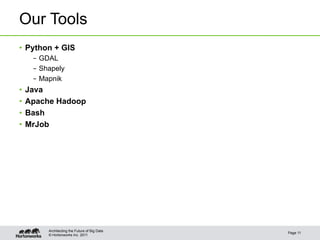 © Hortonworks Inc. 2011
Our Tools
•  Python + GIS
–  GDAL
–  Shapely
–  Mapnik
•  Java
•  Apache Hadoop
•  Bash
•  MrJob
Page 11
Architecting the Future of Big Data
 