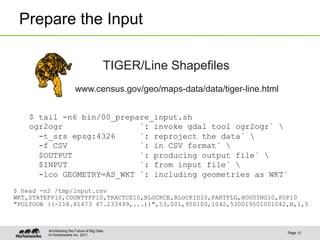 © Hortonworks Inc. 2011
Prepare the Input
Page 12
Architecting the Future of Big Data
TIGER/Line Shapefiles
www.census.gov/geo/maps-data/data/tiger-line.html
$ tail -n6 bin/00_prepare_input.sh
ogr2ogr `: invoke gdal tool ogr2ogr` 
-t_srs epsg:4326 `: reproject the data` 
-f CSV `: in CSV format` 
$OUTPUT `: producing output file` 
$INPUT `: from input file` 
-lco GEOMETRY=AS_WKT `: including geometries as WKT`
$ head -n2 /tmp/input.csv
WKT,STATEFP10,COUNTYFP10,TRACTCE10,BLOCKCE,BLOCKID10,PARTFLG,HOUSING10,POP10
"POLYGON ((-118.81473 47.233499,...))",53,001,950100,1042,530019501001042,N,1,5
 