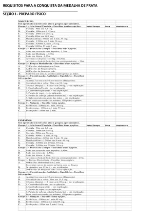 REQUISITOS PARA A CONQUISTA DA MEDALHA DE PRATA

SEÇÃO I - PREPARO FÍSICO
        MASCULINO:
        Se r apro vado e m tr...