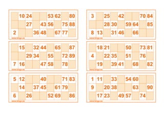 10 24 53 62 80
27 43 56 75 88
2 36 48 67 77
www.bingo.es
15 32 44 65 87
29 34 55 72 89
7 16 47 58 78
www.bingo.es
5 12 40 71 83
14 37 45 61 79
6 26 52 69 86
www.bingo.es
3 25 42 70 84
28 30 59 64 85
8 13 31 46 66
www.bingo.es
18 21 50 73 81
4 22 35 51 76
19 39 41 68 82
www.bingo.es
1 11 33 54 60
9 20 38 63 90
17 23 49 57 74
www.bingo.es
 