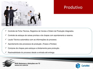 NVR Sistemas e Soluções em TI
www.nvr.com.br
 Controle de Ficha Técnica, Registros de Venda e Ordem de Produção integrados.
 Controle de estoque de caixas prontas e de chapas com apontamento e reserva.
 Laudo Técnico automático com as informações do processo.
 Apontamento dos processos de produção. (Fases e Perdas)
 Compras de chapas para estoque e diretamente para produção.
 Rastreabilidade do processo desde a entrada até entrega.
Produtivo
 