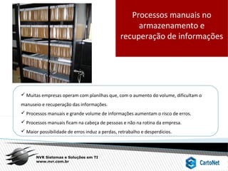 NVR Sistemas e Soluções em TI
www.nvr.com.br
Processos manuais no
armazenamento e
recuperação de informações
 Muitas empresas operam com planilhas que, com o aumento do volume, dificultam o
manuseio e recuperação das informações.
 Processos manuais e grande volume de informações aumentam o risco de erros.
 Processos manuais ficam na cabeça de pessoas e não na rotina da empresa.
 Maior possibilidade de erros induz a perdas, retrabalho e desperdícios.
 