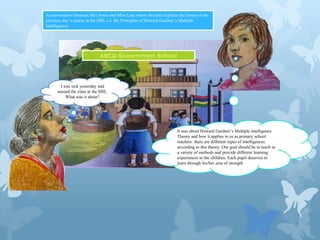A conversation between Mrs Sonia and Miss Lina where the later explains the lesson of the
previous day’s course at the MIE, i.e. the Principles of Howard Gardner’s Multiple
Intelligences

I was sick yesterday and
missed the class at the MIE.
What was it about?

It was about Howard Gardner’s Multiple intelligence
Theory and how it applies to us as primary school
teachers. there are different types of intelligences
according to this theory. Our goal should be to teach in
a variety of methods and provide different learning
experiences to the children. Each pupil deserves to
learn through his/her area of strength

 