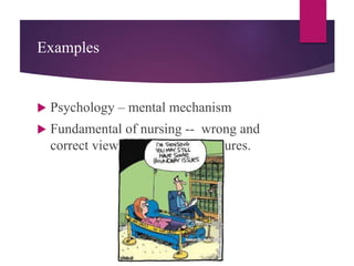 Examples
 Psychology – mental mechanism
 Fundamental of nursing -- wrong and
correct views of nursing procedures.
 