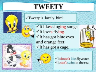 TWEETY
Tweety is lovely bird.
It doesn’t like Slyvester.
It can’t swim in the sea.
It likes singing songs.
It loves flying.
It has got blue eyes
and orange feet.
It has got a cage.
 