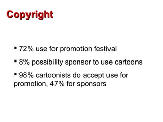 Copyright


  72% use for promotion festival
  8% possibility sponsor to use cartoons
  98% cartoonists do accept use for
 promotion, 47% for sponsors
 