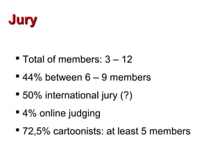 Jury

 Total of members: 3 – 12
 44% between 6 – 9 members
 50% international jury (?)
 4% online judging
 72,5% cartoonists: at least 5 members
 
