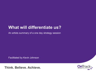 What will differentiate us? 
An artists summary of a one day strategy session 
Facilitated by Kevin Johnson 
Think. Believe. Achieve. 
 