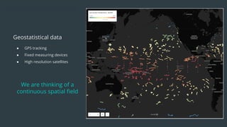 ● GPS tracking
● Fixed measuring devices
● High resolution satellites
Geostatistical data
We are thinking of a
continuous spatial ﬁeld
 