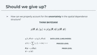 ➢ How can we properly account for the uncertainty in the spatial dependence
structure?
THINK BAYESIAN!
DATA LEVEL (LIKELIHOOD)
PROCESS LEVEL
PRIOR LEVEL
………………………………………………………………………………………………………….………………….…...
 