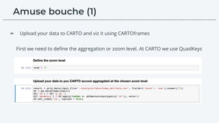 ➢ Upload your data to CARTO and viz it using CARTOframes
First we need to deﬁne the aggregation or zoom level. At CARTO we use QuadKeys
………………………………………………………………………………………………………….………………….…...
 