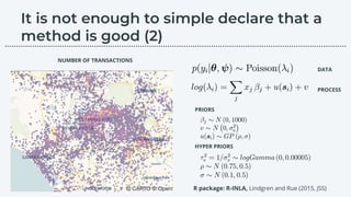 PRIORS
HYPER PRIORS
PROCESS
DATA
………………………………………………………………………………………………………….………………….…...
NUMBER OF TRANSACTIONS
R package: R-INLA, Lindgren and Rue (2015, JSS)
 
