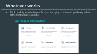 ➢ Think carefully what is the problem you are trying to solve and get the right data
at the right spatial resolution
CARTO Data Observatory
………………………………………………………………………………………………………….………………….…...
 