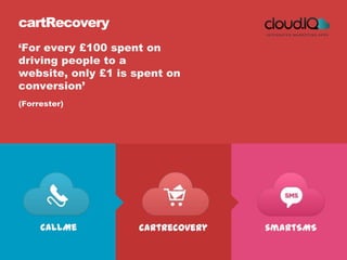cartRecovery
‘For every £100 spent on
driving people to a
website, only £1 is spent on
conversion’
(Forrester)
callMe cartRecovery smartSMS
 