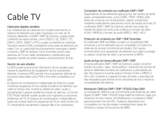 Cable TV
Cabeceras digitales versátiles
Las instalaciones de cabecera son la parte esencial de un
sistema de televisión por cable. Equipado con más de 40
módulos diferentes, el DMP / SMP de Cartronic puede recibir
contenido de varias fuentes, como DVB-S / S2, DVB-T / T2,
DVB-C, ASTC, ISDB-T e IPTV, y luego convertirlos en estándar.
Transport streams DVB y entregarlos a las redes de televisión por
cable. Con su capacidad de procesamiento avanzada y diseño
compacto, DMP se destaca como la primera opción para
sistemas de TV por cable centralizados y distribuidos que
requieren fuentes de señal masivas y procesamiento de flujo.
Servicio de valor añadido
La EPG puede proporcionar información de los canales para
mejorar la experiencia de visualización de los suscriptores.
Además, el servicio EPG permite a los suscriptores disfrutar de
funciones adicionales como PVR y time-shift compatibles con
STB.
El sistema de monitorización multipantalla de Cartronic puede
monitorear programas en vivo desde el sistema de televisión por
cable en tiempo real, mostrar la calidad de video / audio y
retroalimentar cualquier problema a través de alarmas. La función
ETSI TR290 también puede ayudar a los ingenieros a solucionar
problemas de TS. El sistema de monitorización multipantalla es
capaz de mostrar hasta 32 programas de TV en cada monitor de
TV, presentando visualmente cualquier fallo a los operadores.
Compresión de contenido por codificador DMP / SMP
Dependiendo de las diferentes aplicaciones, las fuentes de señal
varían considerablemente, como CVBS, YPbPr, HDMI y SDI.
Antes de continuar con la transmisión, deben comprimirse
mediante codificadores para ahorrar ancho de banda de la red. El
codificador DMP / SMP de Cartronic admite casi todas las
fuentes de señal comunes y las codifica en formato de video
H.264 / MPEG2 y formato de audio MPEG / AAC / AC3.
Protección de contenido por DMP / SMP Scrambler
El codificador DMP de Wellav cumple con el estándar DVB
simulcrypt y se ha verificado que es compatible con todos los
sistemas de acceso condicional principales. Esto ayuda
enormemente a los operadores de televisión por cable a proteger
su valioso contenido de video y así aumentar el ARPU.
Ajuste de flujo por transcodificador DMP / SMP
El transcodificador DMP / SMP de Cartronic puede comprimir
fuentes de audio / vídeo, transcodificar / transcribir las fuentes de
señal en diferentes formatos de codificación y velocidades de
bits. No importa si la fuente está en formato H.264 o MPEG-2,
HD o SD, convierte a cualquier formato de video y velocidad de
bits necesarios para ahorrar ancho de banda de red y mejorar la
compatibilidad del sistema.
Modulación QAM por DMP / SMP / IFQ332 Edge QAM
La modulación QAM se usa comúnmente para sistemas de cable
digital. El DMP / SMP / IFQ332 Edge QAM de Cartronic logra una
recepción de flujo masiva, remultiplexación y modulación QAM
para transmisión de red HFC. Nuestros dispositivos son
compatibles con las principales constelaciones, tasas de
símbolos y rangos de frecuencia de QAM.
 