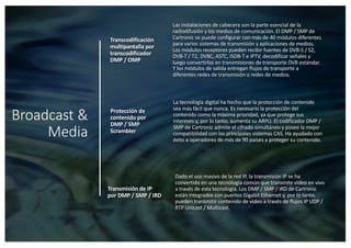 Broadcast &
Media
Transcodificación
multipantalla por
transcodificador
DMP / OMP
Las instalaciones de cabecera son la parte esencial de la
radiodifusión y los medios de comunicación. El DMP / SMP de
Cartronic se puede configurar con más de 40 módulos diferentes
para varios sistemas de transmisión y aplicaciones de medios.
Los módulos receptores pueden recibir fuentes de DVB-S / S2,
DVB-T / T2, DVBC, ASTC, ISDB-T e IPTV, decodificar señales y
luego convertirlas en transmisiones de transporte DVB estándar.
Y los módulos de salida entregan flujos de transporte a
diferentes redes de transmisión o redes de medios.
Protección de
contenido por
DMP / SMP
Scrambler
La tecnología digital ha hecho que la protección de contenido
sea más fácil que nunca. Es necesario la protección del
contenido como la máxima prioridad, ya que protege sus
intereses y, por lo tanto, aumenta su ARPU. El codificador DMP /
SMP de Cartronic admite el cifrado simultáneo y posee la mejor
compatibilidad con los principales sistemas CAS. Ha ayudado con
éxito a operadores de más de 90 países a proteger su contenido.
Transmisión de IP
por DMP / SMP / IRD
Dado el uso masivo de la red IP, la transmisión IP se ha
convertido en una tecnología común que transmite video en vivo
a través de esta tecnología. Los DMP / SMP / IRD de Cartronic
están integrados con puertos Gigabit Ethernet y, por lo tanto,
pueden transmitir contenido de video a través de flujos IP UDP /
RTP Unicast / Multicast.
 
