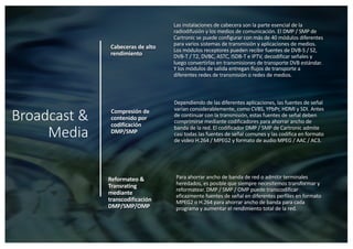 Broadcast &
Media
Cabeceras de alto
rendimiento
Las instalaciones de cabecera son la parte esencial de la
radiodifusión y los medios de comunicación. El DMP / SMP de
Cartronic se puede configurar con más de 40 módulos diferentes
para varios sistemas de transmisión y aplicaciones de medios.
Los módulos receptores pueden recibir fuentes de DVB-S / S2,
DVB-T / T2, DVBC, ASTC, ISDB-T e IPTV, decodificar señales y
luego convertirlas en transmisiones de transporte DVB estándar.
Y los módulos de salida entregan flujos de transporte a
diferentes redes de transmisión o redes de medios.
Compresión de
contenido por
codificación
DMP/SMP
Dependiendo de las diferentes aplicaciones, las fuentes de señal
varían considerablemente, como CVBS, YPbPr, HDMI y SDI. Antes
de continuar con la transmisión, estas fuentes de señal deben
comprimirse mediante codificadores para ahorrar ancho de
banda de la red. El codificador DMP / SMP de Cartronic admite
casi todas las fuentes de señal comunes y las codifica en formato
de video H.264 / MPEG2 y formato de audio MPEG / AAC / AC3.
Reformateo &
Transrating
mediante
transcodificación
DMP/SMP/OMP
Para ahorrar ancho de banda de red o admitir terminales
heredados, es posible que siempre necesitemos transformar y
reformatear. DMP / SMP / OMP puede transcodificar
eficazmente fuentes de señal en diferentes perfiles en formato
MPEG2 o H.264 para ahorrar ancho de banda para cada
programa y aumentar el rendimiento total de la red.
 