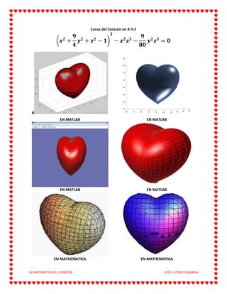 LA MATEMÁTICA DEL CORAZÓN JOSÉ G. PÉREZ SANABRIA
Curva del Corazón en X-Y-Z
(𝒙 𝟐
+
𝟗
𝟒
𝒚 𝟐
+ 𝒛 𝟐
− 𝟏)
𝟑
− 𝒙 𝟐
𝒛 𝟑
−
𝟗
𝟖𝟎
𝒚 𝟐
𝒛 𝟑
= 𝟎
B
EN MATLAB EN MATLAB
EN MATLAB EN MATLAB
EN MATHEMATICA EN MATHEMATICA
 