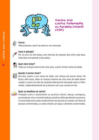 Vacina oral
                                                                   contra Poliomielite
                                                                   ou Paralisia Infantil
                                                                   (VOP)
vacinas para crianças




                        Vacina:
                        VOP produzida a partir de polivírus vivo atenuado.
                           ,

                        Como é aplicada?
                        Por via oral. Em três doses, com intervalo de sessenta dias entre cada dose.
                        Cada dose corresponde a duas gotas.


1212                    Quem deve tomar?
                        Todas as crianças menores de cinco anos, a partir de dois meses de idade.

                        Quando é preciso tomar?
                        Aos dois, quatro e seis meses de idade, com reforço aos quinze meses. No
                        Brasil, além disso, todas as crianças menores de cinco anos de idade devem
                        receber a vacina nos dias de Campanha Nacional de Vacinação contra a Polio-
                        mielite, independentemente de já estarem com suas vacinas em dia.

                        Quais os benefícios da vacina?
                        Proteção contra a poliomielite ou paralisia infantil, doença contagiosa,
                        provocada por vírus e caracterizada por paralisia súbita geralmente nas pernas.
                        A transmissão ocorre pelo contato direto com pessoas ou contato com fezes de
                        pessoas contaminadas, ou ainda contato com água e alimentos contaminados.
 