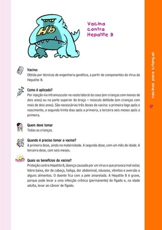 Vacina
                                          contra
                                          Hepatite B




                                                                                   vacinas para crianças
Vacina:
Obtida por técnicas de engenharia genética, a partir de componentes do vírus da
Hepatite B.

Como é aplicada?
Por injeção via intramuscular no vasto lateral da coxa (em crianças com menos de
dois anos) ou na parte superior do braço – músculo deltóide (em crianças com
mais de dois anos). São necessárias três doses da vacina: a primeira logo após o   17
nascimento, a segunda trinta dias após a primeira, a terceira seis meses após a
primeira.

Quem deve tomar
Todas as crianças.

Quando é preciso tomar a vacina?
A primeira dose, ainda na maternidade. A segunda dose, com um mês de idade. A
terceira dose, com seis meses.

Quais os benefícios da vacina?
Proteção contra Hepatite B, doença causada por um vírus e que provoca mal-estar,
febre baixa, dor de cabeça, fadiga, dor abdominal, náuseas, vômitos e aversão a
alguns alimentos. O doente fica com a pele amarelada. A Hepatite B é grave,
porque pode levar a uma infecção crônica (permanente) do fígado e, na idade
adulta, levar ao câncer de fígado.
 
