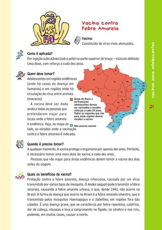 Vacina contra
                                       .ebre Amarela

                                       Vacina:
                                       Constituída de vírus vivos atenuados.




                                                                                     vacinas para adolescentes
Como é aplicada?
Por injeção subcutânea (sob a pele) na parte superior do braço – músculo deltóide.
Uma dose, com reforço a cada dez anos.

Quem deve tomar?
Adolescentes em regiões endêmicas
(onde há casos da doença em
humanos) e em regiões onde há
circulação do vírus entre animais
(macacos).
   A vacina deve ser dada
ainda a todas as pessoas que
                                                                                     21
pretenderem viajar para
locais onde a febre amarela
é endêmica. Veja, no mapa ao
lado, os estados onde a vacinação
contra a febre amarela é indicada.

Quando é preciso tomar?
A qualquer momento. A vacina protege o organismo por apenas dez anos. Portanto,
é necessário tomar uma nova dose da vacina a cada dez anos.
  Pessoas que vão viajar para áreas endêmicas devem tomar a vacina dez dias
antes da viagem.

Quais os benefícios da vacina?
Proteção contra a febre amarela, doença infecciosa, causada por um vírus
transmitido por vários tipos de mosquito. O Aedes aegypti pode transmitir a febre
amarela, causando a febre amarela urbana, o que, desde 1942, não ocorre no
Brasil. A forma da doença que ocorre no Brasil é a febre amarela silvestre, que é
transmitida pelos mosquitos Haemagogus e o Sabethes, em regiões fora das
cidades. É uma doença grave, que se caracteriza por febre repentina, calafrios,
dor de cabeça, náuseas e leva a sangramento no fígado, no cérebro e nos rins,
podendo, em muitos casos, causar a morte.
 
