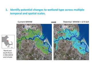 1.Identify potential changes to wetland type across multiple temporal and spatial scales. 
Current MHHW 
Potential MHHW + 6 ft SLR 
*North and South Rivers in Marshfield and Scituate  