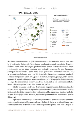 249TEORIAE SOCIEDADE nº 23.1 - janeiro - junho de 2015
truíram a casa tradicional na qual vivem até hoje. Lino trabalhou muitos anos para
os proprietários da fazenda Santa Cruz e atualmente se dedica a criação de gado e
ovelhas. Dona Maria dos Anjos, que também foi criada no Porto Boqueirão e tem
amplo conhecimento sobre plantas e seus mais diversos usos, foi uma das nossas
principais interlocutoras. Dona Maria conta que quando se mudou com seu Lino
para o sítio atual plantou a maioria das árvores frutíferas existentes em seu quintal,
como as mangueiras, laranjeiras, pés de mexerica, seriguela, pitanga, entre outros.
Algumas árvores frutíferas nativas como a bocaiúva e o jenipapeiro foram nascendo
ao longo dos anos e foram preservadas. Dona Maria dedica seu tempo aos cuidados
com a criação pequena, a casa, sua horta e seu jardim.
Não há nenhuma construção de alvenaria na propriedade. Todos os cômodos
da casa estão espacialmente separados (cozinha externa; cozinha interna e sala de
jantar; sala de visitas e dormitórios) e são construídas a partir de técnicas tradicio-
nais de pau-a-pique ou de madeira, recobertas por um telhado de folhas de babaçu
(Figura 4).
A primeira estrutura que se observa pela entrada principal do sítio é um mo-
quiço ou paiol, construído com madeira e folhas de babaçu, sendo utilizado para
o armazenamento de ferramentas e demais produtos para a lida com a roça e as
Figura 3 – Croqui do sítio SLM.
Fonte: Carvalho 2012.
 