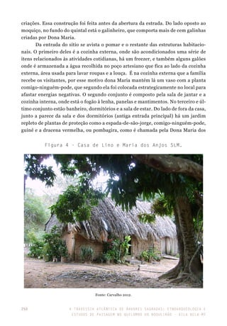 A travessia atlântica de Árvores Sagradas: etnoarqueologia e
estudos de paisagem no Quilombo do Boqueirão - Vila Bela-MT
250
criações. Essa construção foi feita antes da abertura da estrada. Do lado oposto ao
moquiço, no fundo do quintal está o galinheiro, que comporta mais de cem galinhas
criadas por Dona Maria.
Da entrada do sítio se avista o pomar e o restante das estruturas habitacio-
nais. O primeiro deles é a cozinha externa, onde são acondicionados uma série de
itens relacionados às atividades cotidianas, há um freezer, e também alguns galões
onde é armazenada a água recolhida no poço artesiano que fica ao lado da cozinha
externa, área usada para lavar roupas e a louça. É na cozinha externa que a família
recebe os visitantes, por esse motivo dona Maria mantém lá um vaso com a planta
comigo-ninguém-pode, que segundo ela foi colocada estrategicamente no local para
afastar energias negativas. O segundo conjunto é composto pela sala de jantar e a
cozinha interna, onde está o fogão à lenha, panelas e mantimentos. No terceiro e úl-
timo conjunto estão banheiro, dormitórios e a sala de estar. Do lado de fora da casa,
junto a parece da sala e dos dormitórios (antiga entrada principal) há um jardim
repleto de plantas de proteção como a espada-de-são-jorge, comigo-ninguém-pode,
guiné e a dracena vermelha, ou pombagira, como é chamada pela Dona Maria dos
Figura 4 - Casa de Lino e Maria dos Anjos SLM.
Fonte: Carvalho 2012.
 