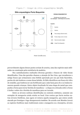 A travessia atlântica de Árvores Sagradas: etnoarqueologia e
estudos de paisagem no Quilombo do Boqueirão - Vila Bela-MT
256
provavelmente alguns desses postes seriam de aroeira, uma das espécies mais utili-
zadas na construção pela resistência da madeira.
Nos caminhamentos realizados diversas garrafas e frascos de vidro foram
identificados. Uma das garrafas chamou a atenção de Seu Lino, que reconheceu o
antigo frasco que armazenava uma bebida apreciada por seu pai João Sacerdote,
porém ele não lembrou o nome dessa bebida. Já Ádio identificou um frasco de vidro
de remédio, que lembrou ser um fortificante que a mãe fazia para ele e os irmãos to-
marem quando crianças. Outro objeto localizado foi uma chapa de metal que com-
punha o forno para torrar farinha de mandioca – a chapa era colocada sobre o forno
à lenha e sobre ela a farinha de mandioca para ser torrada.
Entre as árvores exóticas identificadas no contexto sistêmico, somente um
exemplar de mangueira ainda existia no local. Lino contou que havia muitas ou-
tras árvores frutíferas, mas agora só restava aquela mangueira, que estava sendo
atacada por formigas e logo desapareceria também. De acordo com Mendes (2012)
as espécies frutíferas mais tradicionais como a mangueira ou a laranjeira, árvores
Figura 7 – Croqui do sítio arqueológico SArqPB.
Fonte: Carvalho 2012.
 