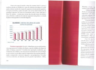 11
li
1
jl
1
·r
ri
O utro item capaz de medir o ritmo <lo consumo local é o acesso à
medicina privada, na medida em o grau de cobertura dos planos de saúde
ajuda a traduzir o poder de compra dos segmentos de maior poder aquisitivo.
Com preços elevados, o plano de saúde é um serviço ainda restrito a 8% da
população alagoana. Seu ritmo de crescimento, entre os anos 2000/2005, é
lento. No entanto, a venda desse serviço deu um salto nestes três últimos
anos, refletindo a melhoria de renda dos segmentos mais pobres e a entrada
de planos mais populares no mercado alagoano.
ALAGOAS: cobertura dos planos de saúde
(número de pessoas)
280 000
240.000 l
200.000 !
160.000 j
llUOO l
12º·º ºº r
80.000 <
l40 000 '
Ul .2 0 2
IH .659
-;S3 94 3·1
1• 2 ·ª'º11 4 .0 32
o ... ...,,. .....,, mr:=wt
2000 2001 2002 2003 2004 2005
257. 7t0
23 1.743
2006 2007
Fonte : AM:i 2ü0il)
Nordeste exportador. E m 2007, o Brasil bateu um recorde histórico
com exportações de 160 bilhões de dólares e mais de 40 bilhões de dólares de
saldo na balança comercial. O resultado das exportações nordestinas, que
totalizaram US$13 bilhões, com uma taxa de crescimento de 12,5% em relação
ao ano anterior, revela alguns aspectos importantes da economia regional e
ajuda a compreender o processo alagoano e suas perspectivas. As vendas
externas nordestinas são lideradas por três grandes exportadores - Bahia,
110
Maranhão e Ccar:i 11'1
exterior. Cada lllll dt·h:1: lf'
A Bahia H .111 .111111
década, da irnlús11h 111111i
responsáveis pela d1n~1
exportador rt·gion.d Cl 1i
províncic1 t11it1era/, t' po1 1,1111
que represemam m.11... d1 ~
O tercem> m.11rn 1
política de divc.:rsif1t ll 111
substituir imporia~ 1w... <'
para outros estado ... pt11111
e 90. No modelo l'l':lll~11t
exportações, nao u.isic 11(
de couros e c~tlç~1uos, 1_1 :ig
camarão, pescado l lagr1i;
dividida entre vario~ 1
agronegócios. Pel.1.., pc
concentradas, o mrnkln pi
Com 98º'" d r1s 1!ll
cana-de-açúcar e doi-. p1
cresceram, em 2ooc1, 1H,<1%
média nordestina, ljlll li 1i •
o Rio e;randc du r
desenvolveu um surn d1:u
das exportaçôes v&m riu
segmento de pe~ca. t as,.,
um peso significatho 110 u
(açúcar e álcool) co111pk·1111
caminho e vem au11H 11m111
exportou 120m11l111c..,de d•
 