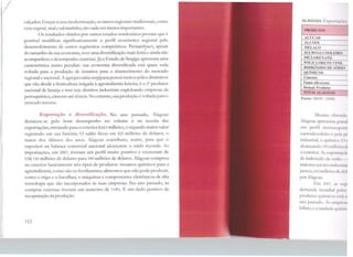 (
li
calçados. Graças a essa moderni7.ação, os ramos regionais tradicionais, como
ceravegetal, sisaie sal marinho, são cada vez menos importantes.
Os resultados obtidos por outros estados nordestinos provam que é
possível modificar significativamente o perfil econômico regjonal pelo
desenvolvimento de outros segmentos competitivos. Pernambuco, apesar
'elo tamanho ela sua economia, teve uma diversificação mais lenta e ainda não
acompanhou o desempenho cearense.Jáo Estado de Sergipe apresenta uma
característica muito peculiar: sua economia diversificada está quase toda
voltada para a produção de insumos para o abastecimento do mercado
regional e nacional. A agropecuária sergipana possui muitos pólos dinâmicos
que vão desde a fruticuJtura irrigada à agroindústria leiteira; é o 2º produtor
nacional de laranja e tem sete distritos industriais englobando empresas da
petroquímica, cimento até têxteis. No entanto, sua produção é voltada para o
mercado interno.
Exportação e diversificação. No ano passado, /lagoas
destacou-se pelo bom desempenho no volume e na receita das
exportações, enviando para o exterior$ 663 milhões, o segundo maiorvalor
registrado em sua história. O saldo ficou em 423 milhões de dólares, o
maior dos últimos dez anos. Alagoas contribuiu, assim, para que o
superávit na balança comercial nacional alcançasse o saldo recorde. As
importações, em 2007, tiveram um perfil muito positivo e cresceram de
US$ 110 milhões de dólares para 240 milhões de dólares. Alagoas comprou
no exterior basicamente três tipos de produtos: insumos químicos para a
agroindústria, como são os fertilizantes; alimentos que não pode produzir,
como o trigo e o bacalhau, e máquinas e componentes eletrônicos de alta
tecnologia que são incorporados às suas empresas. No ano passado, as
compras externas tiveram um aumento de 118%. É um dado positivo de
recuperação da produção.
112
ALAGOAS: ExpmLlÇfic::l
PR-ODUTOS _IAÇÚCAR
ÁLCOOL
MELAÇO
=O
SUCROALCoou:11m ...
DICLORENATO
~
POUCLORETO 'INll
IIlDRÓXIDO OI<: ÚUIO
QUÍMICOS
Cimento
Fumo (diversos)
Demais Produtos .
l'OTALALAGOAs.=J
Fonte: .MDIC <2008)
Mesmo oim 11d11
Alagoas apresenta gr:i11<I
LUTI perfil monm·,po1'tr
sucroalcoolciro e pcl:i p1
industrial, o <.Juímin 1. O li
alcançando S•JO milho<.·~ di
o exterior. As expor t 11~·c 11~
de hidróxido de sodi11
maiores setores indu...11 i11l
juntos, 642m1llm<.·seke1/,1
porAlagoas.
F.m 2007, .I S 1··; p1
demanda mundi.d pt 111-;
produtos ~ufmitcl'i l '>l 1 ,li
ano passado.  s unp1t,11;1
bilhão, ea unidade q11 i11111
 