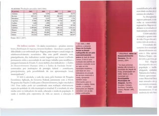 11 ·
...
ALAGOAS: Produção pecuária (2003/2006)
PLANTEL 2003 2004 200S 2006
Asininos 8.870 9.294 10.041 10.572
Bovinos 825.121 893.922 985.422 1.029.352
Bubalinos 2.618 2,123 1.818 1.791
Caprinos 57.982 61.900 67.766 69.694
Coelhos 1.620 1.995 122 158
Eqüinos 51.127 52.686 54.970 55.769
Galinhas 2.109.602 1.738.034 1.650.123 1.524.412
Muares 21.886 22.516 23.102 23.180
Ovinos 189.274 191.895 203.417 208.372
Suínos 112.322 120.317 127.781 128.437
Fonte: IDGE (2007)
Os índices sociais. Os dados econômicos - produto interno
bruto, distribuição de riqueza, estrutura fundiária - desenham o quadro <le
dificuldades a ser enfrentado por Alagoas, para romper o atual estágio de
subdesenvolvimento econômico. Mas esse perfil atrasado vem,
principalmente, dos indicadores sociais negativos c1ue levam à reflexão
permanente sobre a necessidade de um longo trabalho para modificar a
paisagem humana do Estado. E, nesse âmbito, dois indicadores - o Índice
de Desenvolvimento Humano (IDI 1) e o Ín<lice de Exclusão Social -
construídos por instituições de prestígio federal - contribuem,
principalmente, pela possibilidade de sua apresentação local,
municipalizada
14
•
O IDH é calculado, a cada dez anos, pelo Instituto de Pesquisa
Econômica Aplicada, do Governo Federal, juntamente com o PNUD,
Programa das Nações Unidas para o Desenvolvimento, órgão vinculado à
ONU Esse índice pode ser considerado uma avaliação relativamente
segura da qualidade de vida municipal ou estadual. É o resultado de uma
média entre os indicadores <la saúde, educação e renda da população. A
saúde é medida pela expectativa de vida ao nascer; a educação é
26
1
~ Em 2005, o BNB
publicou a pesquisa
Mapa da Exdusão
Social no Brasil!
radiografia de um pais
assimetricamente
pobre deJosé de Souza
Lemos. O livro é uma
avaliação dos padrões de
pobreza e exdusão social
de cada um dos
municípios brasileiros,
com base em cinco
indicadores de privação
de seMços essenciais e
renda, agregando
também essas
informações para os
Estados e regiões. Nesse
estudo, as posições
alcançadas por Alagoas
coincidem com as das
outras publicações.
~s IPENPNUD. Atlas do
Desenvolvimento
Humano. Rio de
16
As duas próximas
tabelas não incluem o
município de Jequlá da
Praia, emancipado em
2000. Sobrea vida
municipal ver:
Endclopédia
Munidplos de
Alagoas. Apratto,
Douglas; Campos,
Rochana; carvalho,
Cícero. Maceió: IAM,
2008.
contabilizada pd 1 alliil
com idade cscol<i1, i:i 1) l
número de cidacLu1s
As divcrguu.1.11
aspecto principal, .1 n 11i
todas as caractcríst 11 .1
regional cm Alago:1s te 1
debater os resultado• d
mais atenção, ncssl s 11
Om11vanad1
a situação e quanto 1111h
devida. Os que têm .lll.I
0,500e 0,800,demcd111; <'.,
O rcsultad11 dlv
somente dois munit ípi
desenvolvimcn10 ;11•1
com o / 11/m, apcn:1~
Pedras e Tratpu sãc 1
de 0,500, e, por issn, 11<
Em Alavn.1S
dcsempenht>sai 11'' 1
população e nH 11 u
abrigando un1dad1 •1
Palmeira dos ind11 >'>,
Outros aprcs<:nt 1111
corno :Marechal 1kc11
mais atrasados s:111 p
sua maioria sei t.llll Jl.I
o li)( ( '.11111
investimentos. <) 1~11
ausência de tn:s l.111_1
 