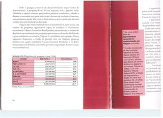 Todo e qualquer processo de desenvolvimento requer fontes de
financiamento. A poupança local, de base regional, seria a primeira delas.
Mobilizar o capital existente para realizar projetos econômicos, criando a
dinâmica necessária para gerar um círculo v1rtuoso de produção/consumo,
seria a primeira opção. Mas existe o limite desse próprio capital, que não tem
volume para uma tarefadessa dimensão.
Alagoas não vem recebendo novos investimentos, nem possui um
volume de poupança sit,'1lificativo capaz de justificar o crescimento
econômico. O Banco Central do Brasil publica, mensalmente, o volume de
depósitos nas instituições de poupança que atuam nos Estados. Refletindo
a pouca dinânúca econômica, Alagoas é o penúltimo em captação. Outro
segmento financeiro, o fundo de pensão, tem, cm Alagoas, presença
mínima com quatro entidades: Faccal, Funcasal, Produban e AL-Previ
(funcionários do Estado), não tendo, portanto, capacidade de intervenção
na economia local.
NORDESTE: Depósitos de poupança (mar./2008)
ESTADO POUPANÇA o/.NACTONAL
BAHIA 8.734.145.111 3,60
PERNAMBUCO 6.040.743.294 2,49
CEARÁ 4.701.977.997 1,94
PARAÍBA 2.282.440.647 0,94
MARANHÃO 2.132.105.945 0,88
R. G. DO NORTE 2.107.687.558 0,87
SERGJPE 1.776.388.693 0,73
ALAGOAS 1.632.432.489 0,67
PIAUÍ 1.577.633.284 0,65
NORDESTE 30.985.555.018 12,77
Fonte: Banco Central (2008)
38
/ segunda 1·._.
pobre tende a n:pr<.l11
intervenção plam·j:h
Estado de Alago.is 1·1
A dificulJ.1dl
21
Ver Uma, Araken
Alves de.
Agroindústria
canavielra e
modernização em
Atagoas.(no prelo).
passada e sua ongu1
fiscal brasikirn 11qs_:1
União para os im'
sucroalcoolc1ro. <
crescente d1tic11lc
alagoano foi hu~~
intuito de comph
plano fcckral. C
principal respot
desorganizadn d
e ao banco estado
n O então Coordenador
de Administração
liibutária da Sefaz,
Manoel Omena, em
entrevista (Tribuna
21/12/2002), afirmou
que, depois das vitórias
do Governo atagoano
no Superior Tribunal de
Justiça (STJ) e no
Supremo Tribunal
Federal (STF), o Estado
de Alagoas teria o
direito de cobrar dos
usineiros R$ 1,5 bilhão.
Esses dados foram
confirmados nos sites
oficiais da Secretaria de
Comunicação do
Estado (Agência
Alagoas) e da Sefaz/AL.
em 1989 cnln· n
transferiu parn l:I
aproximad:um.111
da Fazenda
l'-.a dfrall
seu principal n 11'
possibilidades 1lc
entrou cm h.11H.•
le·ou a assinar 111
de Pro,~m111r1d1~.r 1/
transfcrcncia d11
,AJagoas rep:1s~ri1
assumindo o c111
receita corn:111i:1
 