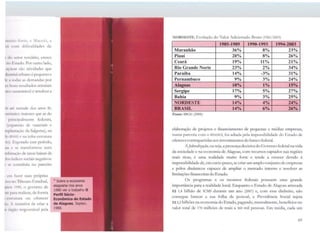 i11liÍ1u tol'lé, e J{aceió, <l
IÍI 1:1rn1 dificuldades de
1 d11 '" 1or terciário, cresce
111_1 l',-.1,1do. Por outro lado,
1'1'1·11..11 '-•to atividades que
cl11i;11ial urbano é pequeno e
li: H t111l;1s as demandas por
1~: hc 111s resultados setoriais
1it:n :.11s1cntável e resolver a
r.11 lllt~ metade dos anos 80,
tuicimico maiores que as do
pnnnpalmente federais,
(<" p;111sào de canaviais e
111pl.1111açao da Salgcma), na
:111 UNI 1) e na infra-estrutura
:111). P.sgolado esse período,
11:1 l: se transformou num
111bi11aç:o de taxas baixas de
il11:> íml1ccs sociais negativos.
1 Sl' constituiu no parceiro
1 1111 fazer suas próprias
(ti<,, nc>Tesouro Estadual,
jtn(IS 111110, o governo de
~lt~ pnra realizar, de forma
1 GSll'ulura ou oferecer
111, , 1cntativa de criar a
ii i'11gao responsável pela
35
Sobre a economia
ala9oana nos anos
1980 ver o trabalho o
Perfil Sócio-
Econ6mic:o do Estado
de Alagoas, Seplan,
1988.
NORDESTE: Evolução do Valor Adicionado Bruto (1985/2003)
•.. ••..1•,:i•. 198$-1989 1990-1993 1994-2003
Maranhão 36o/o 8°/o 23%
Piauí 20% 8°/o 26%
Ceará 19% 11% 21%
Rio Grande Norte 23% 2% 34°/o
Paraíba 14% -3% 31%
Pernambuco 9% 3% 24°/o
Alagoas ..~· ;_ 10°/o 1% 15%
Sercipe 17°/o 5% 27%
Bahia 9% 3%. 25°/o
NORDESTE 14% 4o/o 24%
BRASIL 14% 6°/o 26'1o
Fonte: IBGE (2006)
elaboração de projetos e financiamento c.le pequenas e médias empresas,
numa parceria com o BNDES, foi adiada pela impossibilidade do Estado c.le
oferecer contrapartidas aos investimentos do banco federal.
Aftderalização, ou seja, a presença decisivado Governo federal navida
da sociedade e na economia de Alagoas, com recursos captados nas regiões
mais ricas, é uma realidade muito forte e tende a crescer devido à
irnpossibilidac.le de, em curto prazo, se criar um amplo conjunto de empresas
e pólos dinâmicos capazes de ampliar o mercado interno e resolver as
limitações financeiras do Estado.
Os programas e os recursos federais possuem uma grande
importância para a realidade local. Enquanto o Estado de Alagoas arrecada
R$ 1,4 bilhão de TCMS durante um ano (2007) e, com esse dinheiro, não
consegue bancar a sua folha de pessoal, a Previdência Social injeta
R$ 2,2 bilhões na economia do Estado, pagando, mensalmente, benefícios no
valor total de 170 milhões de reais a 360 mil pessoas. Em média, cada um
69
 