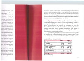 ricir--1 T~nlt(, tanto para
1;:-11~ 11vnlv< r os programas
j:_• dn l •,::;taclo.
i p:11a divtrsas áreas da
eu1 1111111 1 l) Estado de
f 1_1l11•as <llllH> o Canal do
•·1çii11 til mdovias, novo
111:11 mdn:nagem do
d11 1 111npl<'xn lagunar ou
lult.1,il se f.1:1. sentir tanto
11d:1 c•c111111 nas políticas
t!ltfif• _.11li .1 tkpcndência
,1111c11h: pda ;1mpliação da
i11 1u•1Hil11~·:io de Alagoas.
lírn P'11111ld1, l•undo de
it1k11, q11c financia toda a
11 11t;1111cs t'rllrariam em
11if1lv11nf11111 n .onômico,
111 e 11 11d.1, (· o Governo
fl dei H .111t11 do Nordeste,
111f'; o 1'111gra11rn <lo Leite,
J 1tc111'1>11s para a reforma
l l1r1l1iu11:i11n;1is da Caixa
1
Ido:;, 1111< t·st.1 colocando
i:1 i11,·1~s1 ttm:ntos federais
~l1111 t:1111r m11 ras coisas, na
1N 1111!! 1~'K<>lns, no acesso da
1c~di1n l11nd1ário e agrícola
• 1,1t~111 ftno da Previdência
10 i111ua11vas públicas que
lJFAL
BIBLIOTECA CENTRAt
sinalizam a construção Jc um novo ambiente marcado pela democratização
dos bens públicos, pela distribuição de renda e pela construção da cidadania.
Por essa via, Alagoas está criando um cenário capaz de realizar a fórmula
ideal do desenvohrimento, que é o crescimento econômico com justiça
social, permitindo superar, definitivamente, o pesado fardo de seu modelo de
crescimento assentado na desigualdade e na exclusão.
Os programas sociais. A atuação das políticas públicas se dá num
quadro de muita pobreza. As políticas sociais e os programas de geração de
emprego e renda (crédito rural e urbano) vêm transformando, lentamente, o
perfil socioeconômico de Alagoas. O resultado do Atlas do
Desenvolvimento Humano, de 2003, revela essa mudança. O conjunto
formado pela saúde pública, educação fundamental, renda mínima e
previdência vem operando o milagre da melhoria do padrão social sem o
correspondente crescimento econômico.
Apesar das irregularidades constantemente denunciadas, são grandes
os benefícios que o Fundeb trouxe para a educação regional. Depois de seis
anos de implantação, a porcentagem de crianças de 7 a 14 anos fora da escola
ALAGOAS: Censo Escolar (1999/2006)
1999 2006
Creche - 11.021
Pré-Escola 52.262 86.291
Classes de Alfabetização 22.674 -
Ensino Fundamental 701.643 706.862
Ensino Médio 78.314 139.288
Educação Profissional - 7.201
Educação Especial 2.139 2.267
Ed. de Jovens e Adultos 46.697 108.605
TOTAL 905.016 1.061.535
Fonte: lNEP: (2007)
75
 