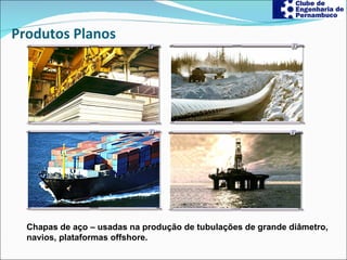 Produtos Planos Chapas de aço – usadas na produção de tubulações de grande diâmetro,  navios, plataformas offshore. 