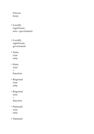 Choose
from:
• Locally
significant,
non-­‐government
• Locally
significant,
government
• State
icon
only
• State
icon
+
function
• Regional
icon
only
• Regional
icon
+
function
• National
icon
only
• National
 