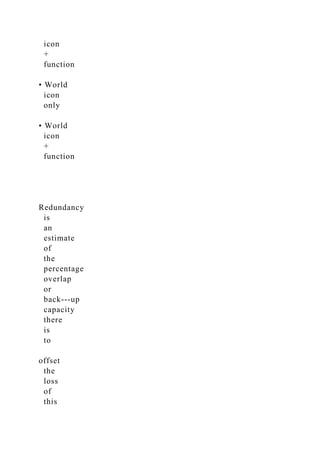 icon
+
function
• World
icon
only
• World
icon
+
function
Redundancy
is
an
estimate
of
the
percentage
overlap
or
back-­‐up
capacity
there
is
to
offset
the
loss
of
this
 