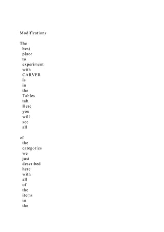Modifications
The
best
place
to
experiment
with
CARVER
is
in
the
Tables
tab.
Here
you
will
see
all
of
the
categories
we
just
described
here
with
all
of
the
items
in
the
 
