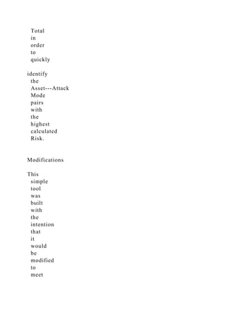 Total
in
order
to
quickly
identify
the
Asset-­‐Attack
Mode
pairs
with
the
highest
calculated
Risk.
Modifications
This
simple
tool
was
built
with
the
intention
that
it
would
be
modified
to
meet
 