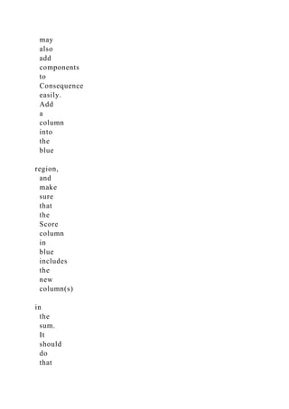 may
also
add
components
to
Consequence
easily.
Add
a
column
into
the
blue
region,
and
make
sure
that
the
Score
column
in
blue
includes
the
new
column(s)
in
the
sum.
It
should
do
that
 