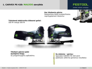 1. CARVEX PS 420: NAUJOS savybės
                                                                                            Įrankiai reikliam vartotojui



                                                       Dar tikslesnis pjūvis:
                                                       Patobulintos štoko kreipiančiosios
                                                       neprilygstamam tikslumui

              Tobulesnė elektronika didesnei galiai:
              550 W vietoje 500 W




                  Tiksliam pjūviui palei
                  žymėjimo liniją:                                   Su sistema – geriau:
                  Su programuojamu apšvietimu                        Specialiai CARVEX PS 420 skirti
                                                                     pjūkliukai užtikrina geresnius rezultatus




| Skaidrė 3 | Rudens naujienos 2012 | CARVEX PS 420                                                     www.festool.lt
 