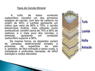 Tipos de Carvão Mineral

      A    turfa,     de    baixo     conteúdo
carbonífero, constitui um dos primeiros
estágios do carvão, com teor de carbono na
ordem de 45%; o Lenhite apresenta um
índice que varia de 60% a 75%; o carvão
betuminoso (hulha), mais utilizado como
combustível, contém cerca de 75% a 85% de
carbono, e o mais puro dos carvões; o
antracite,     apresenta      um      conteúdo
carbonífero superior a 90%.
     Da mesma forma, os depósitos variam
de camadas relativamente simples e
próximas      da      superfície    do     solo
e, portanto, de fácil extração e baixo custo, a
complexas e profundas camadas, de difícil
extração e custos elevados.
 