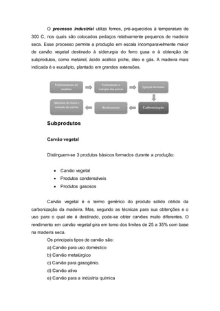 O processo industrial utiliza fornos, pré-aquecidos à temperatura de 
300 C, nos quais são colocados pedaços relativamente pequenos de madeira 
seca. Esse processo permite a produção em escala incomparavelmente maior 
de carvão vegetal destinado à siderurgia do ferro gusa e à obtenção de 
subprodutos, como metanol, ácido acético piche, óleo e gás. A madeira mais 
indicada é o eucalipto, plantado em grandes extensões. 
Subprodutos 
Carvão vegetal 
Distinguem-se 3 produtos básicos formados durante a produção: 
 Carvão vegetal 
 Produtos condensáveis 
 Produtos gasosos 
Carvão vegetal é o termo genérico do produto sólido obtido da 
carbonização da madeira. Mas, segundo as técnicas para sua obtenções e o 
uso para o qual ele é destinado, pode-se obter carvões muito diferentes. O 
rendimento em carvão vegetal gira em torno dos limites de 25 a 35% com base 
na madeira seca. 
Os principais tipos de carvão são: 
a) Carvão para uso doméstico 
b) Carvão metalúrgico 
c) Carvão para gasogênio. 
d) Carvão ativo 
e) Carvão para a indústria química 
 